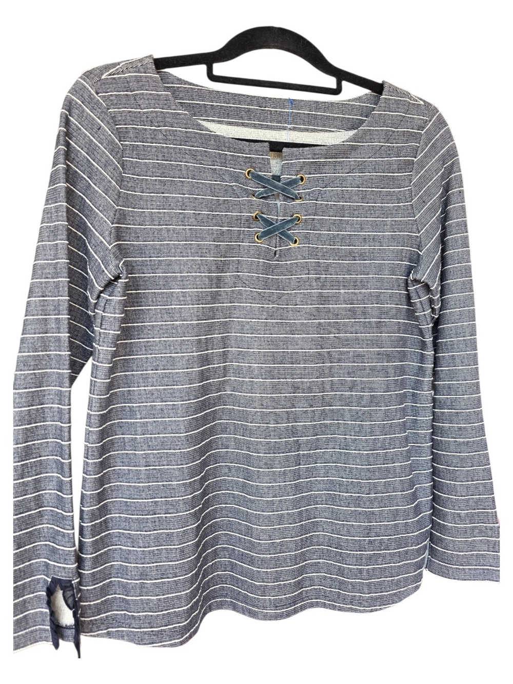 Talbots Striped Lace-Up Long Sleeve Top - Gray